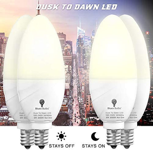 6 Pack Bluex Dusk to Dawn LED Bulbs, 6W E12 Base Light Bulb - 65W Equivalent – 3000K WarmLight White - Smart Light Sensor Candelabra Bulb, Home Security Indoor, Outdoor, Driveway, Yard, Porch Lighting