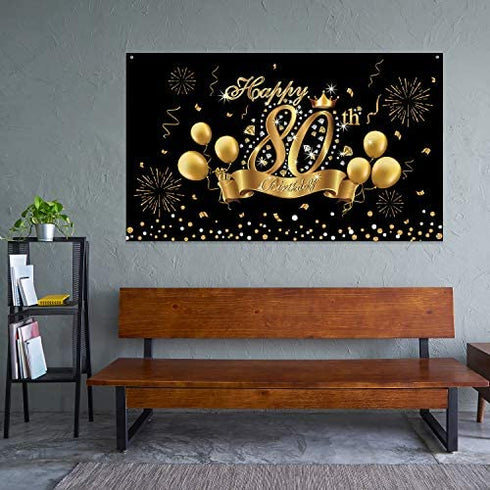 Happy 80th Birthday Decoration Banner Backdrop Party Decoration, Black Gold 80 Birthday Banner Sign Poster for 80th Anniversary Photo Booth Props Background Birthday Party Supplies, 72.8 x 43.3 Inch