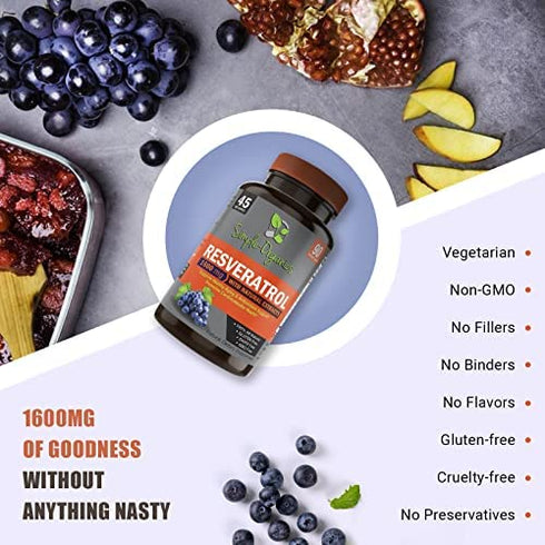 Resveratrol 1600mg per Serving of Organic Trans-Resveratrol & Potent Antioxidants, Pure Extra Strength Complex, Anti-Aging, Radiant Skin, Immunity Support- 90 Capsules- 45 Day Supply