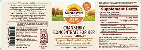 Cranberry Concentrate for Her by Sundown, Dietary Supplement, Supports Urinary Tract Function and Immune Health, 8400mg Plus 1000IU Vitamin D, 150 Softgels
