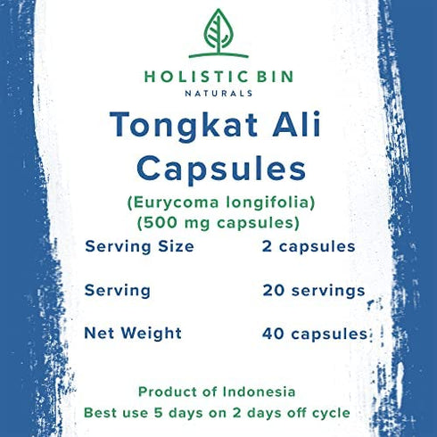 Holistic Bin Indonesian Tongkat Ali Capsules 1000mg Per Serving | Wild Harvested Eurycoma Longifolia Roots from Sumatra | No Fillers - 100% Pure Tongkat Ali for Men and Women (30 Day Supply)
