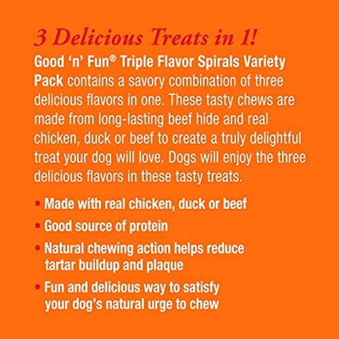 Good ‘n’ Fun Triple Flavor Spirals Variety Pack, 15 Count, Rawhide Chews for Dogs, 3 Savory Flavors