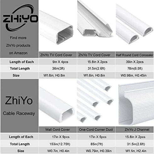 TV Cord Cover, 36 inch Cable Concealer for Wall Mount TV System, Paintable Cable Management Raceway to Hide Wires, W1.6 x H0.8,White