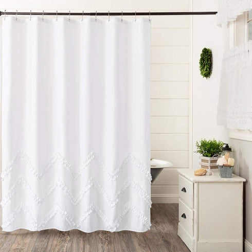 Felisa White Shower Curtain with Zig-zag Stripes of Ruffled Trim,Farmhouse Chic Fabric Shower Curtain for Bathroom,Machine Washable,72"x72"