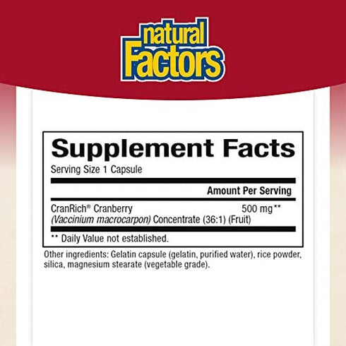 CranRich by Natural Factors, Super Strength Cranberry Concentrate, Antioxidant Supplement for Urinary Tract Support, Non-GMO, 180 Capsules