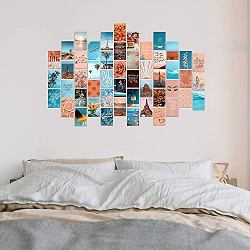 WOONKIT Peach Teal Wall Collage Kit Aesthetic Pictures, Collage Kit for Wall Aesthetic, Aesthetic Wall Collage, Cute Room Decor for Teen Girls, Trendy Teen Peach Teal Collage Kit, 50pcs 4x6 inch