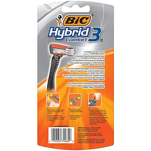 BIC Comfort 3 Hybrid Men's Disposable Razor, 3 Blades, 6 Cartridges and 1 Handle, Black, For a Close and Comfortable Shave (SH3KP6C-L-GRY)