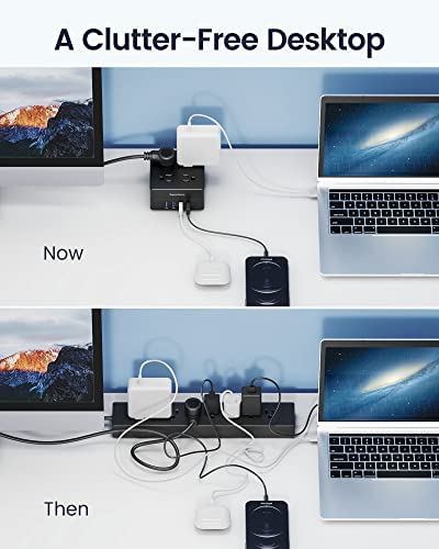 Power Strip, SUPERDANNY 4-Outlet 4-USB Surge Protector, 5 Ft Extension Cord, 900 Joules, Overload Switch, Grounded, Mountable, Desktop Charging Station for Home, Office, School, Dorm, Computer, Black