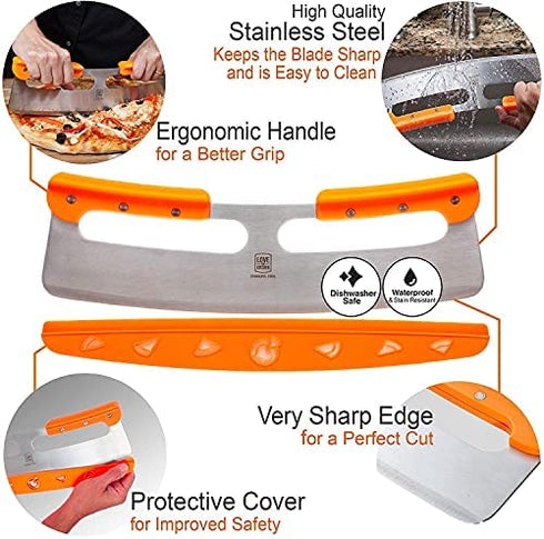 The Original Pizza Cutter Rocker Blade 14 inch. Very Sharp Hardened Stainless-Steel Pizza Slicer with Protective Cover. Safest ABS Plastic Grip Design. Great on All Types of Crusts, Flatbreads & Pies