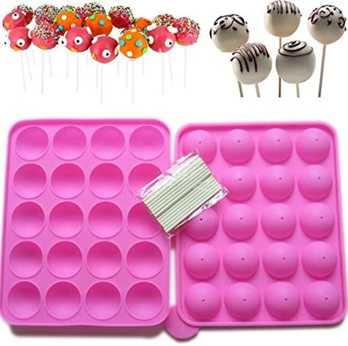 Rbenxia Silicone Cake Mold 20-cavity Half Circle Lollipop Party Cupcake Baking Mold Cake Pop Stick Mold Tray Pink with 25 Sticks