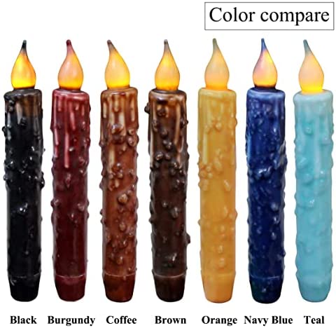 CVHOMEDECO. Real Wax Hand Dipped Battery Operated LED Timer Taper Candles Country Primitive Flameless Lights Décor, 6-3/4 Inch, Burgundy, 2 PCS in a Package