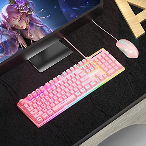 MageGee Gaming Keyboard and Mouse Combo, True RGB Backlit Membrane Office Keyboard, 104 Keys Metal Panel USB Quiet Wired Keyboard for Windows Laptop PC - Pink