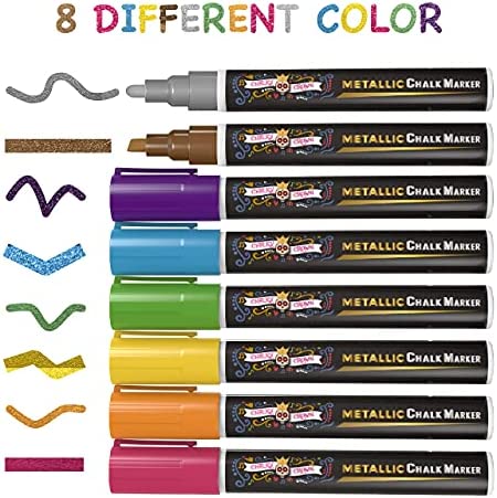 Metallic Liquid Chalk Markers - Dry Erase Marker Pens - Chalk Markers for Chalkboards, Signs, Windows, Blackboard, Glass - Reversible Tip (8 Pack) - 24 Chalkboard Labels Included (Metallic, 6mm)