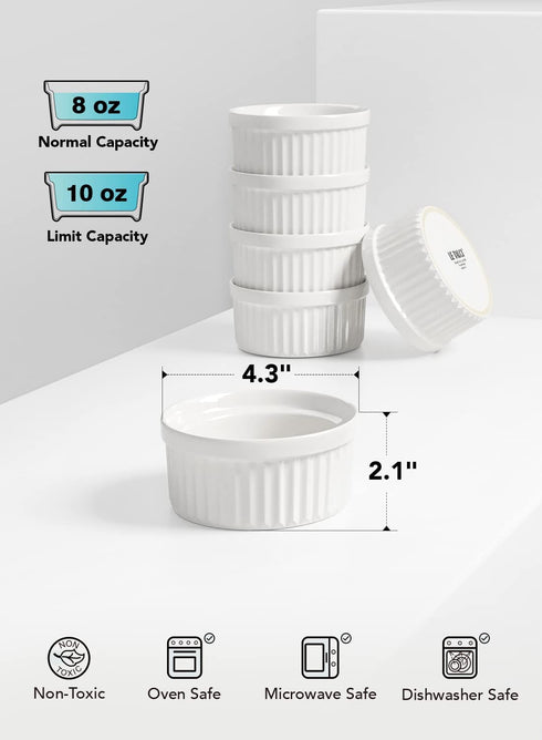 LE TAUCI 8 Oz Ramekins, Creme Brulee Dishes, Porcelain Ramekin Set for Souffle, Dipping Sauces, Pudding, Set of 6, White