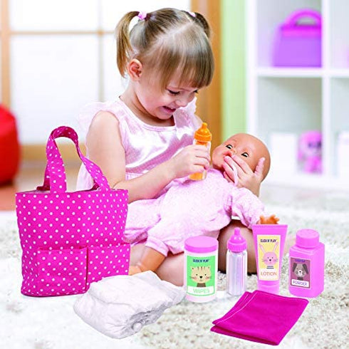 Click N' Play Baby Girl Doll Diaper Bag, Pink Soft Carrying Bag Including Cleaning, Caring and Feeding Accessories