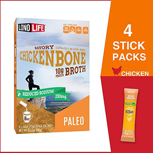 LonoLife - Reduced Sodium Chicken Bone Broth Sticks - 10g Collagen Protein - Gluten-Free - Keto & Paleo Friendly - Portable Individual Packets - 4 count