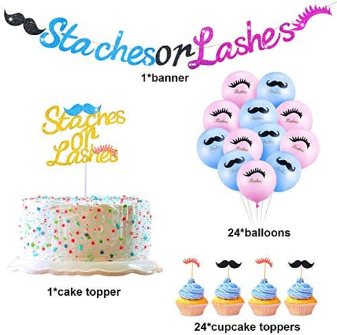 50 Pieces Staches or Lashes Set Include Gender Reveal Banner Cake and Cupcake Topper Balloons for Boy or Girl Baby Shower Birthday Party Decorations Kits (Blue and Pink)