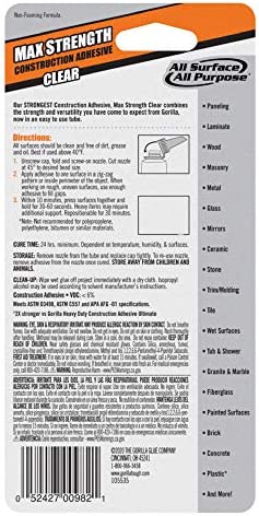 Gorilla Max Strength Clear Construction Adhesive, 2.5 Ounce Squeeze Tube, Clear, (Pack of 1)