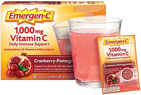 Emergen-C 1000mg Vitamin C Powder, With Antioxidants, B Vitamins And Electrolytes, Vitamin C Supplements For Immune Support, Caffeine Free Drink, Cranberry Pomegranate Flavor - 30 Count/1 Month