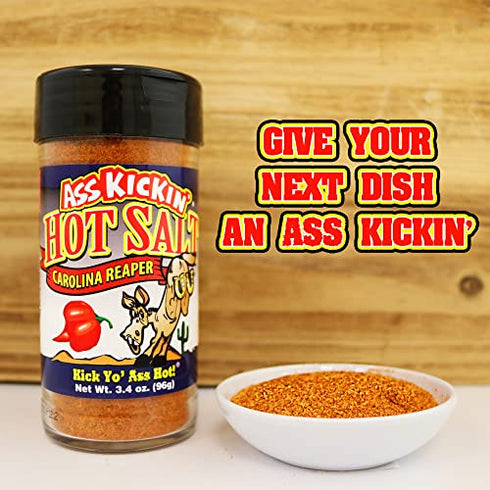 Kickin' Hot Spicy Carolina Reaper Pepper Salt – 3.4oz. Shaker Jar - Perfect Flavored Salt for Popcorn Seasoning, Margarita Salt and French Fry Seasoning - Premium Gourmet Gift