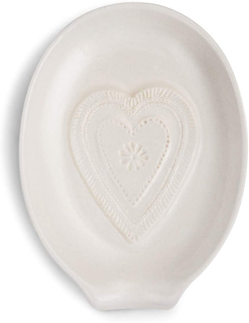 Heart Embossed Glossy Classic White 6 x 5 Stoneware Ceramic Oval Spoon Rest