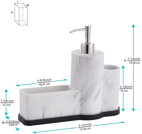 zccz Soap Dispenser with Sponge Holder and Brush Holder, Marble Pattern Kitchen Dish Soap Dispenser Pump Bottle Countertop Sink Caddy Bathroom Organizer Sponge Holder for Sink Storage and Organization