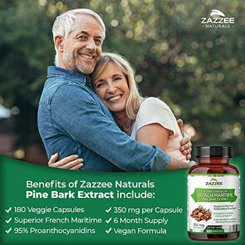 Zazzee Extra Strength French Maritime Pine Bark Extract, 350 mg Per Capsule, 180 Vegan Capsules, 95% Proanthocyanidins, 6 Month Supply, Non-GMO and All-Natural