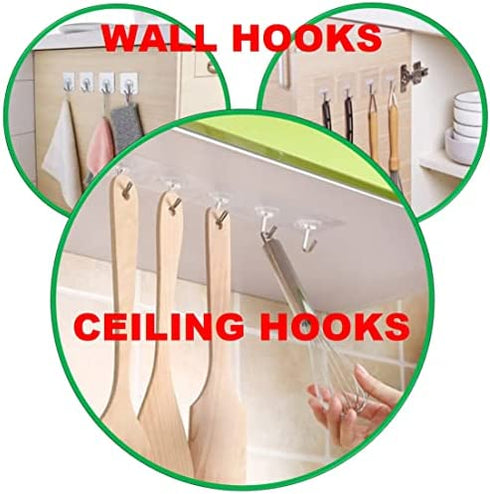 QUALIALL 33lbs Adhesive Hooks for Hanging on Wall or Ceiling, Heavy Duty, Clear, Damage Free, Traceless, Stick on Hangers for Kitchen Bathroom, 10pcs