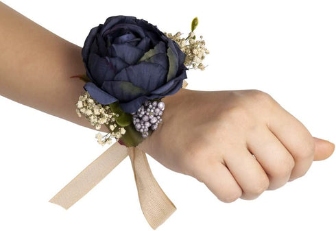 Bridals By Ada Melpomene Handmade Artificial Flowers, Corsage Wristlet, Burgundy Flowers for Rustic Wedding Theme (Dark Blue)