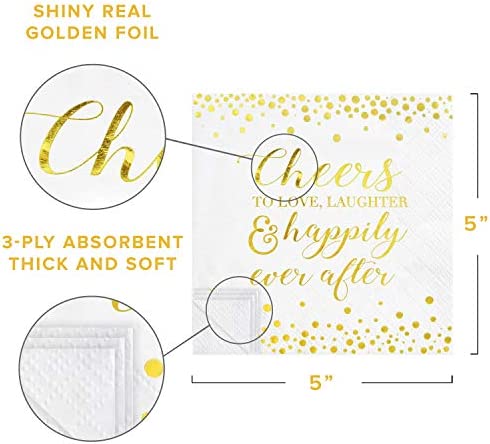 Cheers To Love Cocktail Napkins for Bridal Shower Wedding Engagement Bachelorette Party | Disposable Extra Soft 3-Ply | 50 Count (Gold)