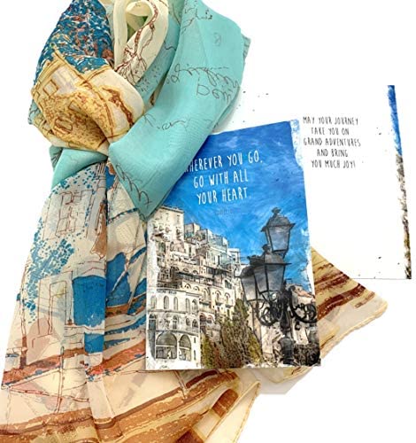 Smiling Wisdom - City Retirement Journey Goodbye Greeting Card - Wherever You Go, Go with All Your Heart Gift Set - Chiffon Viscose Scarf - Woman Coworker Grad - Tan Blue Multi-Colored