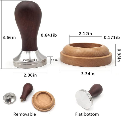 Boicafe 51mm Coffee Tamper with Stainless Steel Base and Solid Wood Handle with Wooden Mat (51mm)