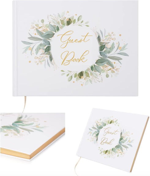 Avamie Wedding Guest Book, 120 Lined Pages Guest Sign-in Book Guest Registry Guestbook Planner, White Cover With Gold Foil and Greenery Design, Gold Gilded Edges and Gold Ribbon, 7x9 inches, Hardbound