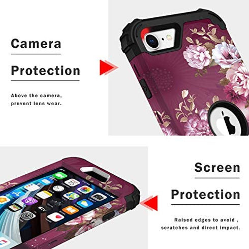 Hocase iPhone SE 2022 Case, Heavy Duty Shockproof Protection Hard Plastic+Silicone Rubber Hybrid Protective Case for iPhone SE 3rd Generation 2022/2nd Gen 2020 (4.7") - Purple Flowers