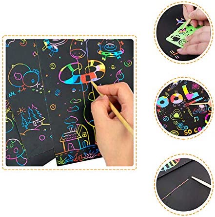 50Pieces Rainbow Scratch Paper,Scratch Art Set,Black Scratch Off Art Crafts Notes Boards Sheet with 5 Wooden Stylus,4 Drawing Stencils for Easter,Party,Chritmas,Birthday, Gift