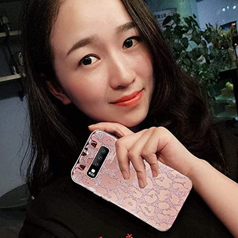 J.west Galaxy S10 Case 6.1-inch, Luxury Saprkle Bling Glitter Leopard Print Design Soft Metallic Slim Protective Phone Cases for Women Girls TPU Silicone Cover Case for Samsung S10 Rose Gold