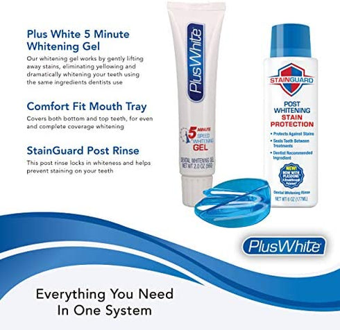 Plus White Premier Whitening System - 5 Minute Speed Whitening Gel, Comfort Fit Mouth Tray & StainGuard Post Rinse - Effective At-Home Teeth Whitening - Professional Teeth Whitening w/ Dentist Approved Ingredient (2 oz Tube, Mouth Tray and 4 oz Post Rinse