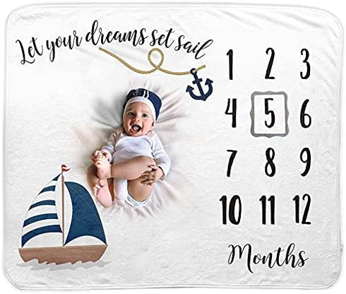 Baby Monthly Milestone Blanket | Includes Felt Frame and Baby Sailor Hat | 1 to 12 Months | Premium Extra Soft Fleece | Best Photography Backdrop Prop for Newborn Boy & Girl (Sailor Blanket)