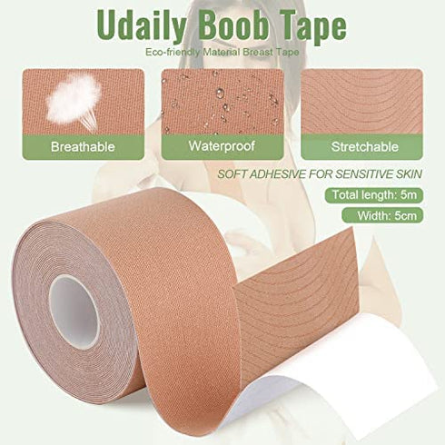 Boob Tape, Boobytape for Breast Lift with 2 Reusable Silicone Covers, Bob Tape for Large Breasts A-E Cup Size, Kinesiology Tape Waterproof Body Tape for Breast Push Up for Strapless Dress
