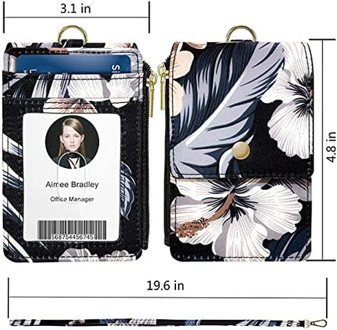 ELV Badge Holder with Zipper, ID Badge Card Holder Wallet with 5 Card Slots, 1 Side RFID Blocking Pocket and 20 inch Neck Lanyard Strap for Offices ID, School ID, Driver Licence (Floral)