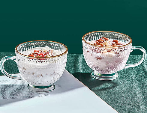 Gold Rim Espresso Cup 12 OZ Clear Glass Coffee Mug IMNGBL Embossed Glass Cups for Cereal,Oatmeal ,Iced Milk Tea,Juice,Desserts,Crystal Drinking Glass(2-pack)
