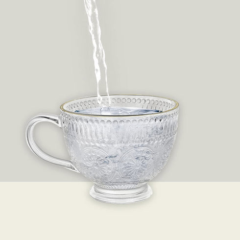 Gold Rim Espresso Cup 12 OZ Clear Glass Coffee Mug IMNGBL Embossed Glass Cups for Cereal,Oatmeal ,Iced Milk Tea,Juice,Desserts,Crystal Drinking Glass(2-pack)