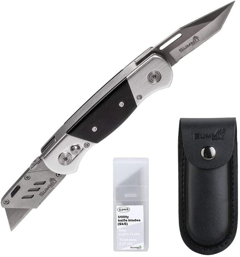 Heavy Duty Folding Utility Knife Dual Blade/Box Cutter with Leather Sheath + 5 SK5 Blades (Professional Grade)
