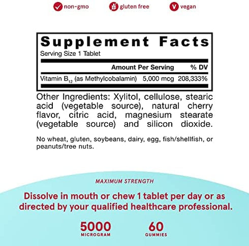 Jarrow Formulas Maximum Strength Methyl B-12 5000 mcg - Dietary Supplement - 60 Chewable Tablets, Cherry Flavored - Bioactive Vitamin B12 - Supports Cellular Energy Production - Non-GMO & Gluten Free