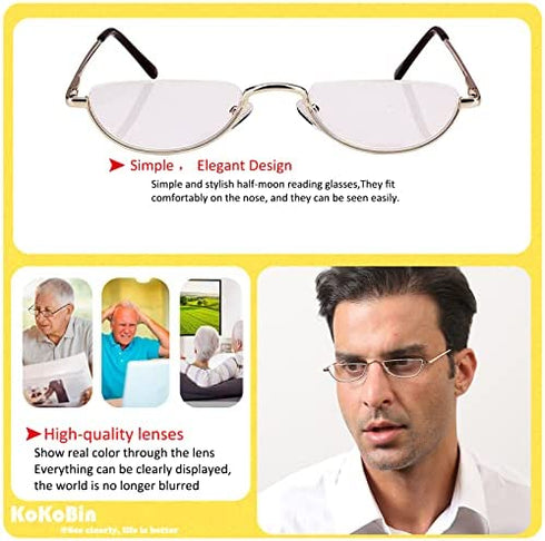 KoKoBin Half Reading Glasses - 2 Pairs Half Rim Metal Frame Glasses Spring Hinge Readers for Men and Women, Black+Gold 3.00