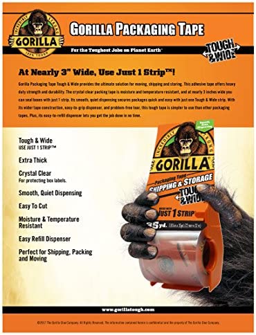 Gorilla Packing Tape Tough & Wide with Dispenser for Moving, Shipping and Storage, 2.83" x 35 yd, Clear, (Pack of 1)