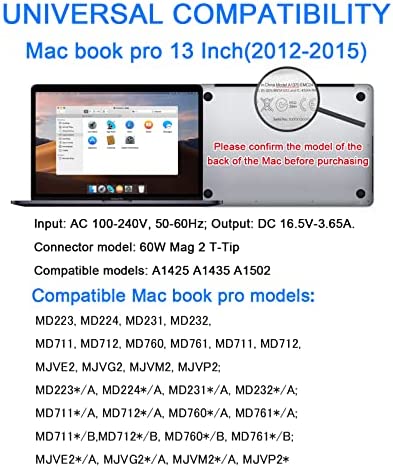 Mac Book Pro Charger, 60W Power Adapter T-Type Magnetic Connector Charger Compatible with Mac Book Pro Retina 13 Inch and Mac Book Air (Later 2012)