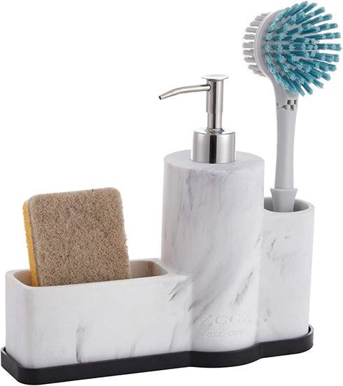 zccz Soap Dispenser with Sponge Holder and Brush Holder, Marble Pattern Kitchen Dish Soap Dispenser Pump Bottle Countertop Sink Caddy Bathroom Organizer Sponge Holder for Sink Storage and Organization
