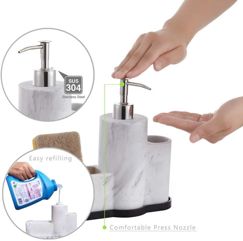 zccz Soap Dispenser with Sponge Holder and Brush Holder, Marble Pattern Kitchen Dish Soap Dispenser Pump Bottle Countertop Sink Caddy Bathroom Organizer Sponge Holder for Sink Storage and Organization