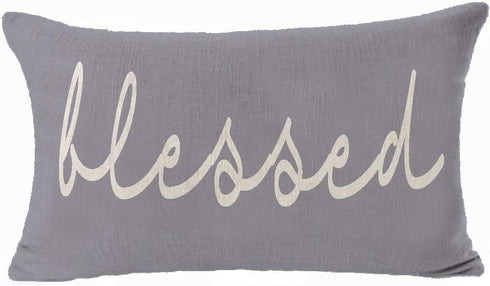 Andreannie Home Family Blessed Gray Cotton Linen Lumbar Throw Pillow Cover Cushion Case Decorative Sofa Room 12x20 inches (Blessed)